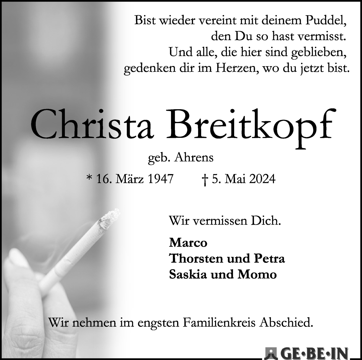 Traueranzeige von Christa Breitkopf von WESER-KURIER