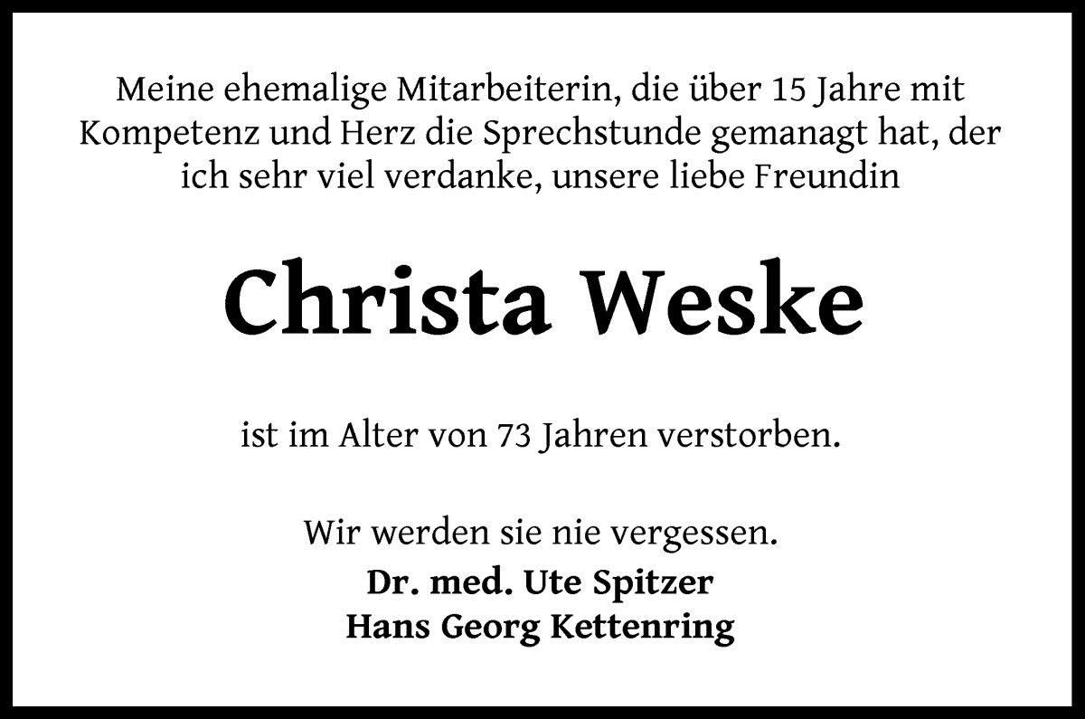 Traueranzeige von Christa Weske von WESER-KURIER