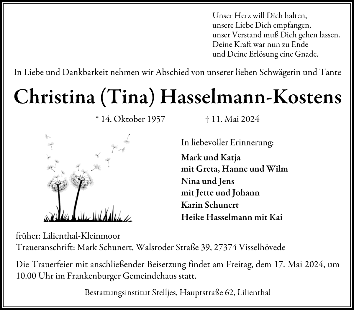 Traueranzeige von Christina Tina Hasselmann-Kostens von Wuemme Zeitung