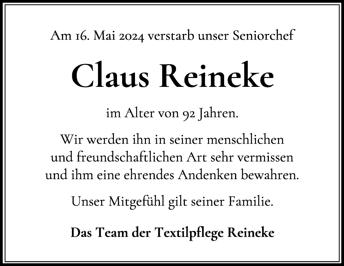  Traueranzeige für Claus Reineke vom 22.05.2024 aus Wuemme Zeitung