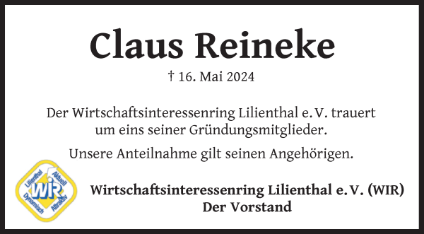 Traueranzeige von Claus Reineke von Wuemme Zeitung