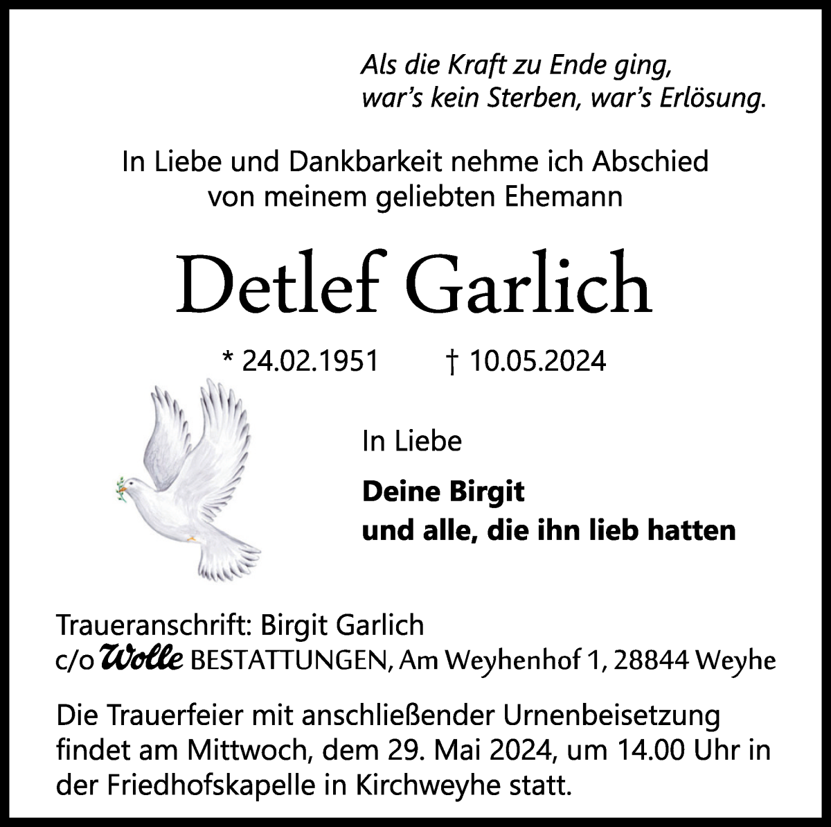 Traueranzeige von Detlef Garlich von WESER-KURIER