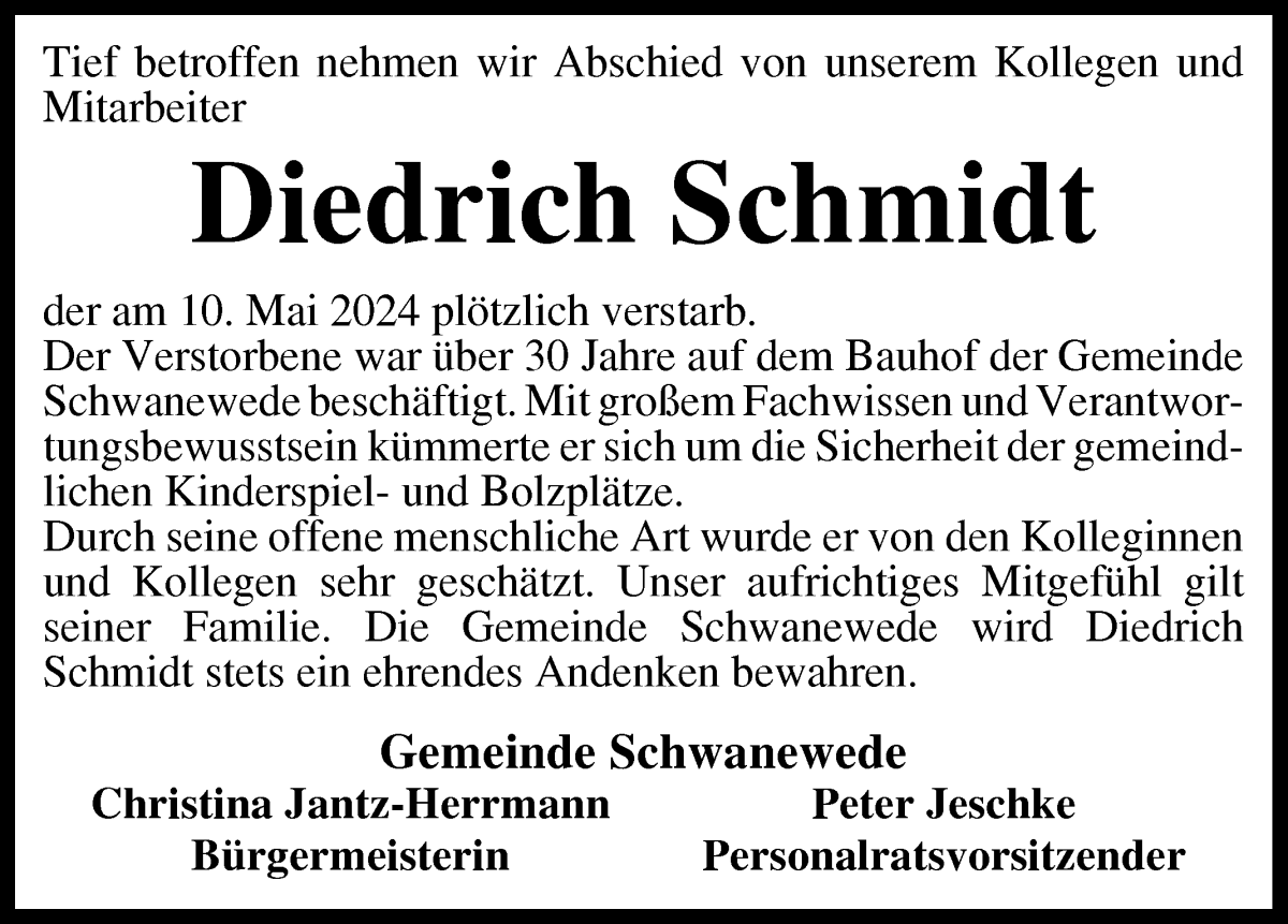 Traueranzeige von Diedrich Schmidt von Die Norddeutsche