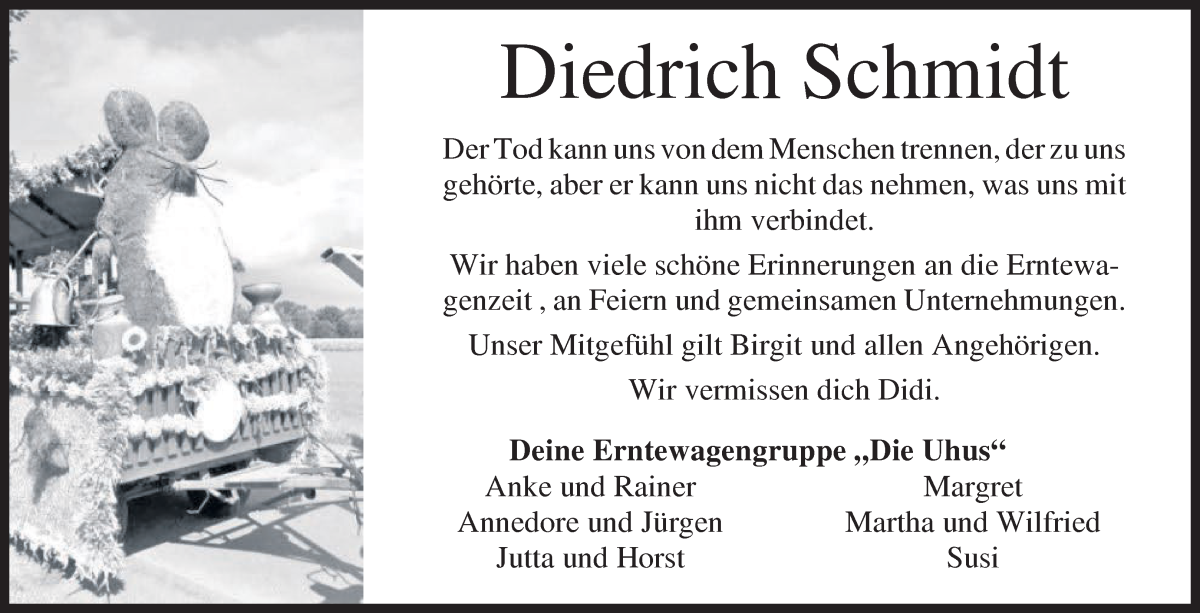 Traueranzeige von Diedrich Schmidt von Osterholzer Kreisblatt