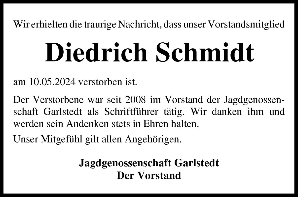 Traueranzeige von Diedrich Schmidt von Osterholzer Kreisblatt