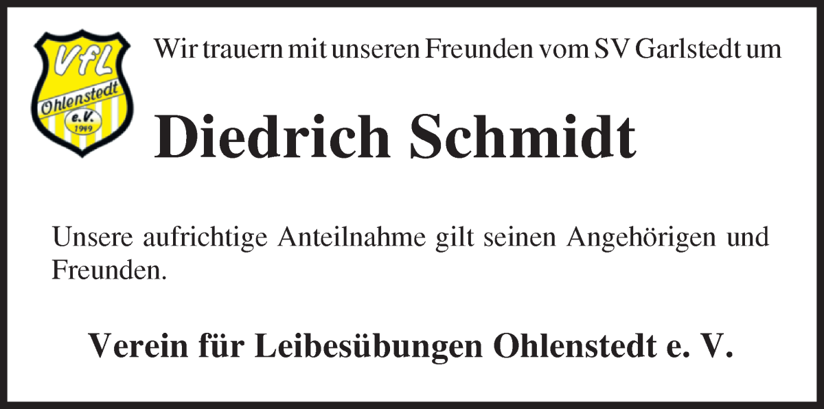 Traueranzeige von Diedrich Schmidt von Osterholzer Kreisblatt