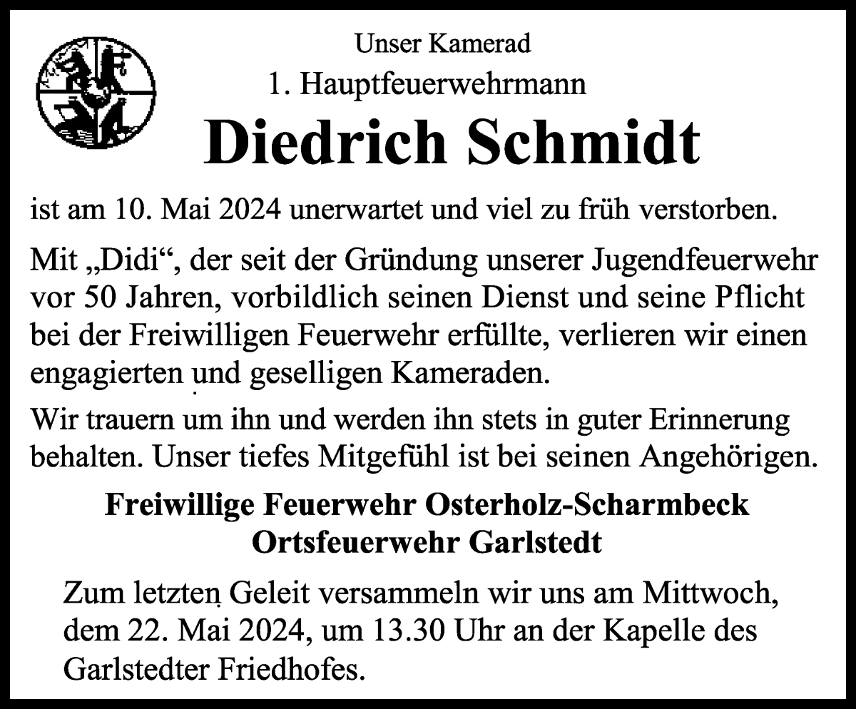 Traueranzeige von Diedrich Schmidt von Osterholzer Kreisblatt