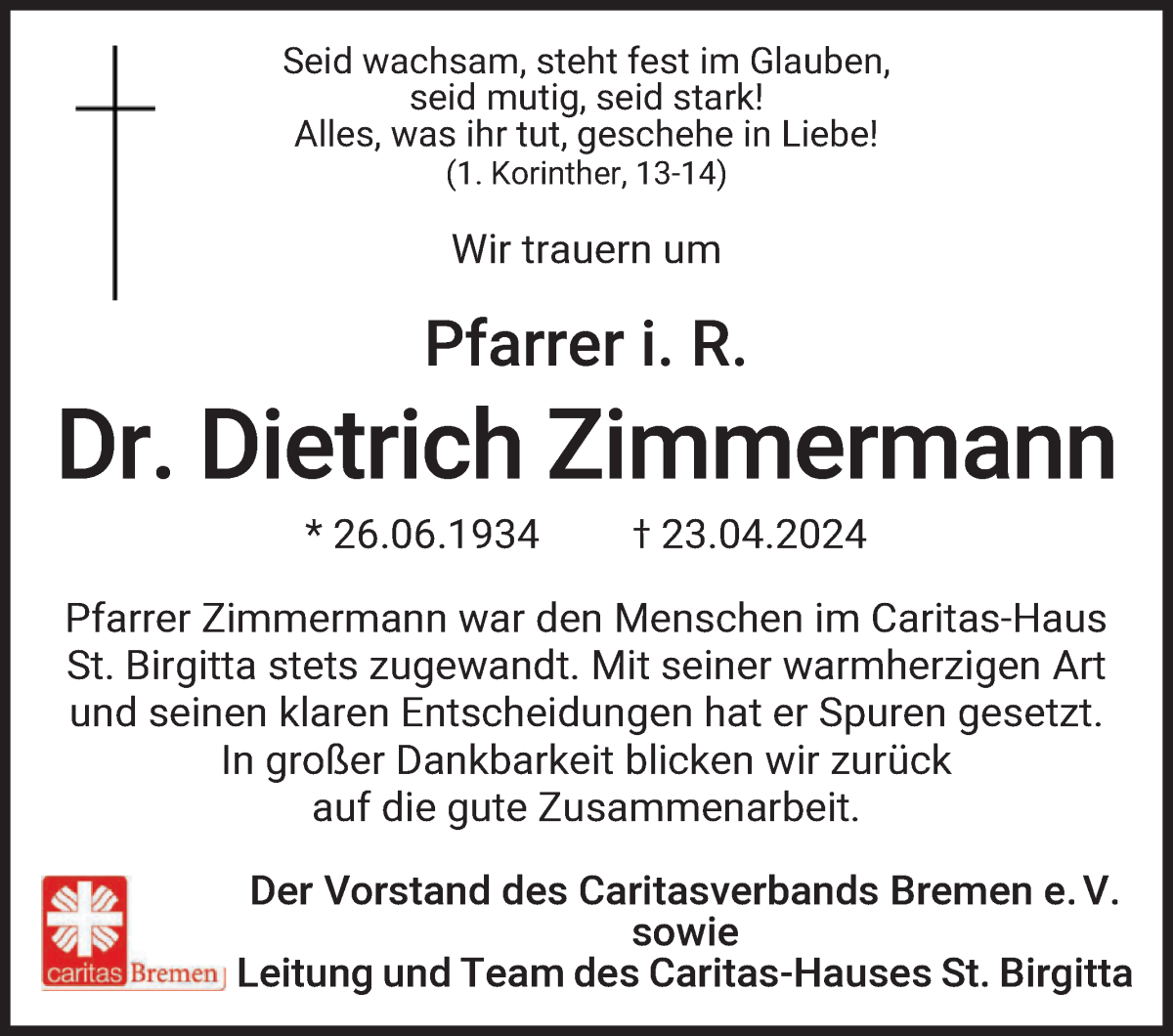 Traueranzeige von Dietrich Zimmermann von WESER-KURIER