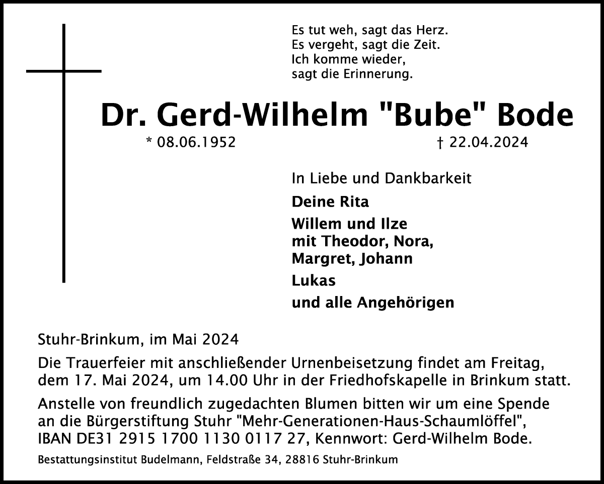  Traueranzeige für Dr. Gerd-Wilhelm Bube Bode vom 04.05.2024 aus Regionale Rundschau/Syker Kurier