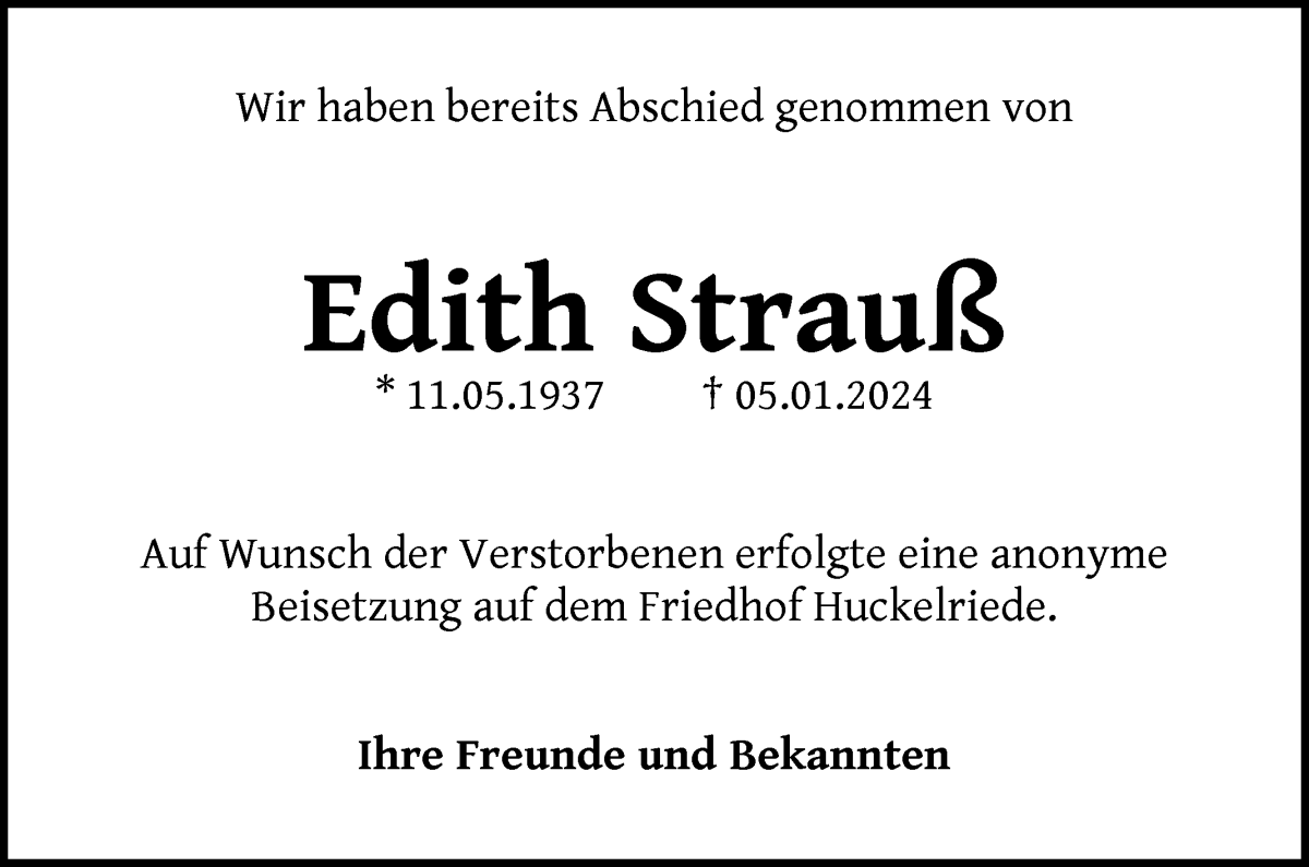 Traueranzeige von Edith Strauß von WESER-KURIER