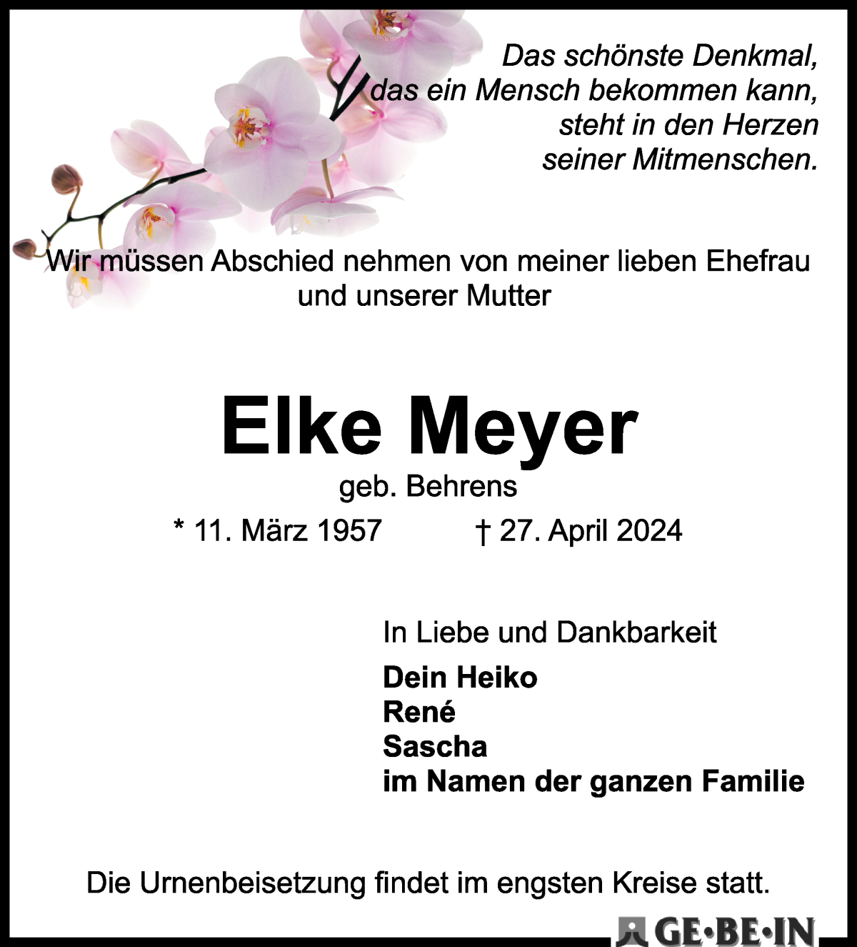  Traueranzeige für Elke Meyer vom 04.05.2024 aus WESER-KURIER