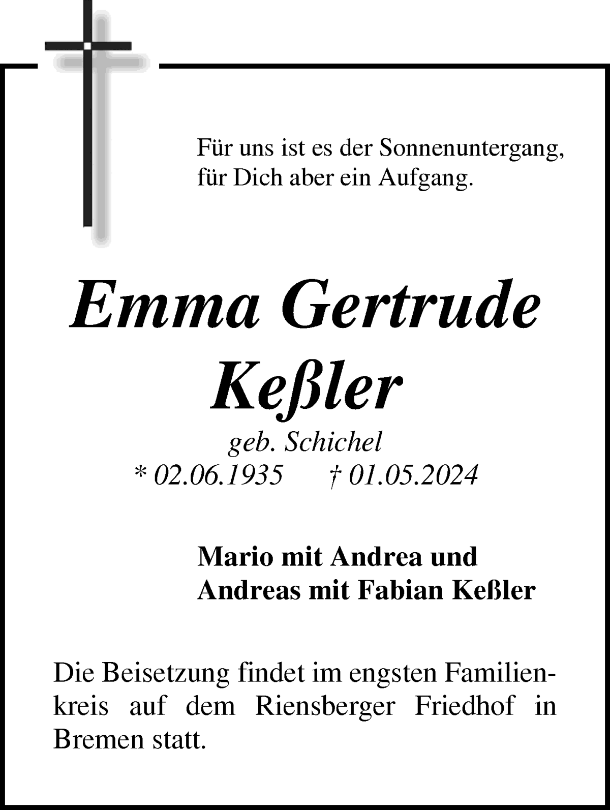 Traueranzeige von Emma Gertrude Keßler von WESER-KURIER