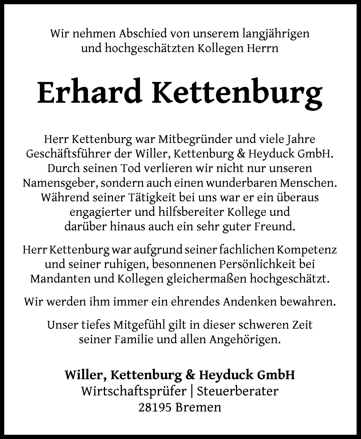 Traueranzeige von Erhard Kettenburg von WESER-KURIER