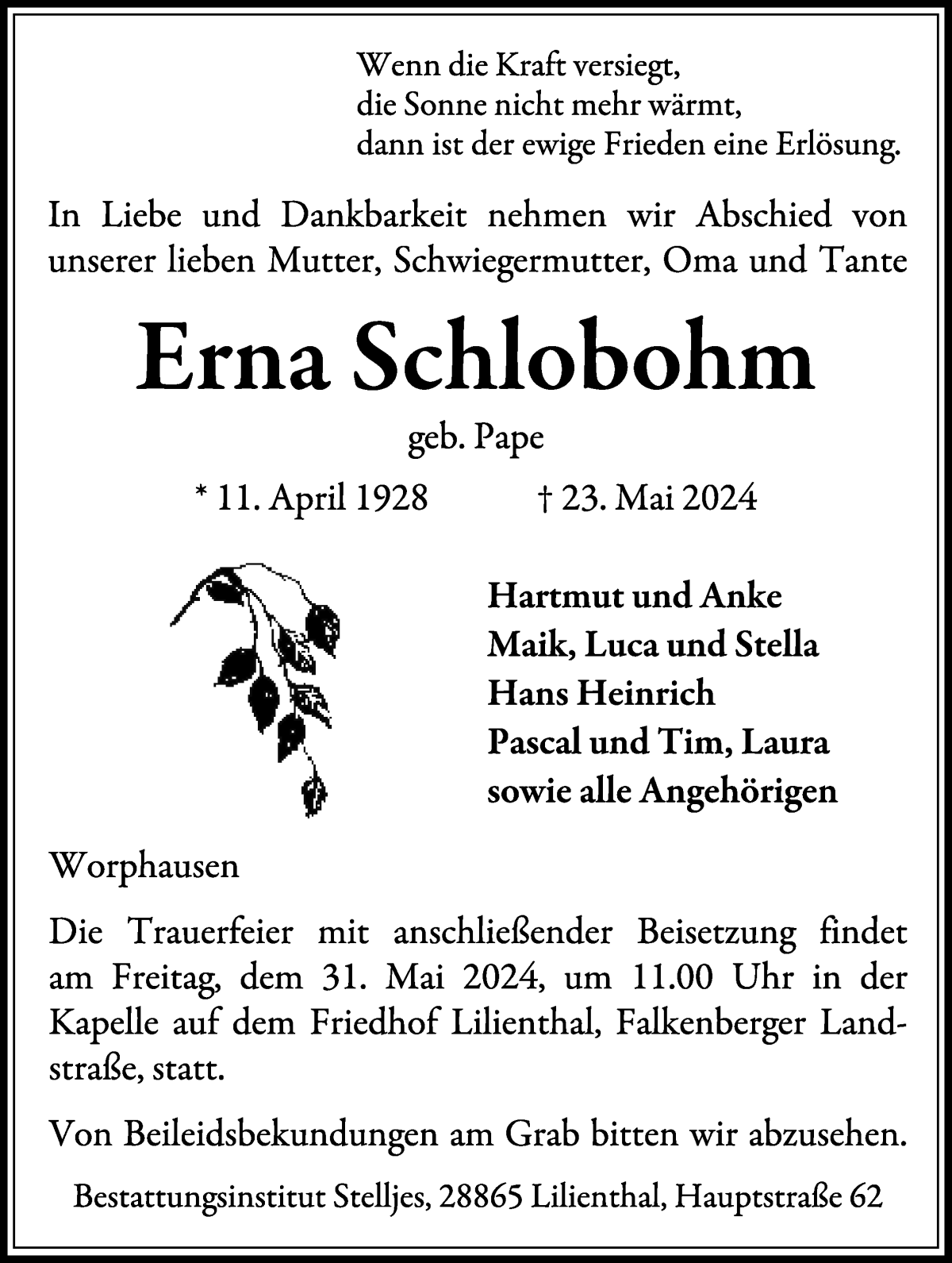 Traueranzeige von Erna Schlobohm von Wuemme Zeitung