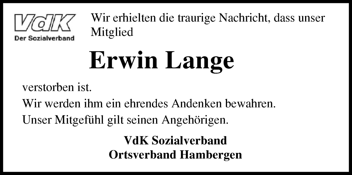 Traueranzeige von Erwin Lange von Osterholzer Kreisblatt