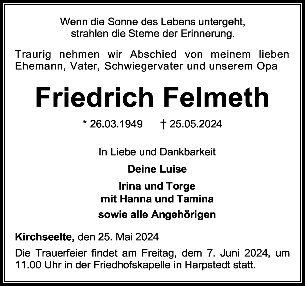 Traueranzeige von Friedrich Felmeth von WESER-KURIER