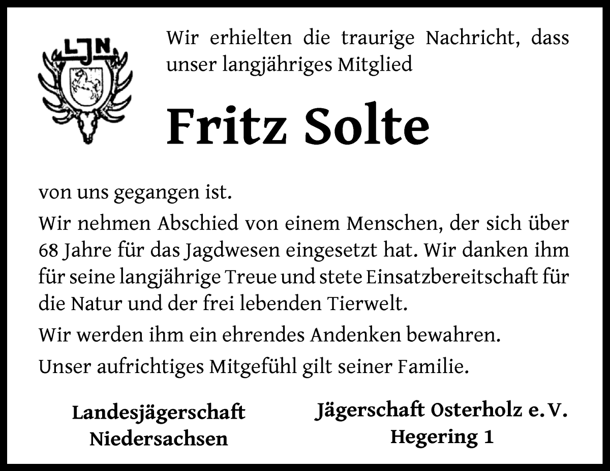 Traueranzeige von Fritz Solte von Die Norddeutsche