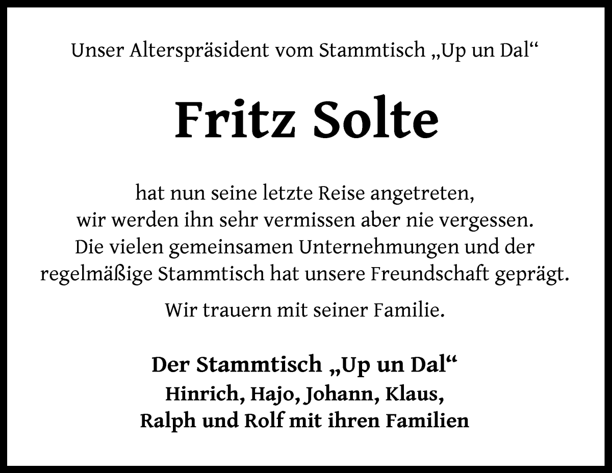 Traueranzeige von Fritz Solte von Die Norddeutsche