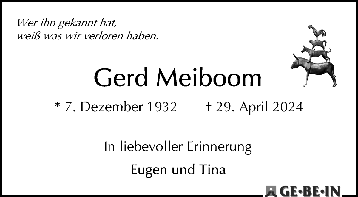 Traueranzeige von Gerd Meiboom von WESER-KURIER