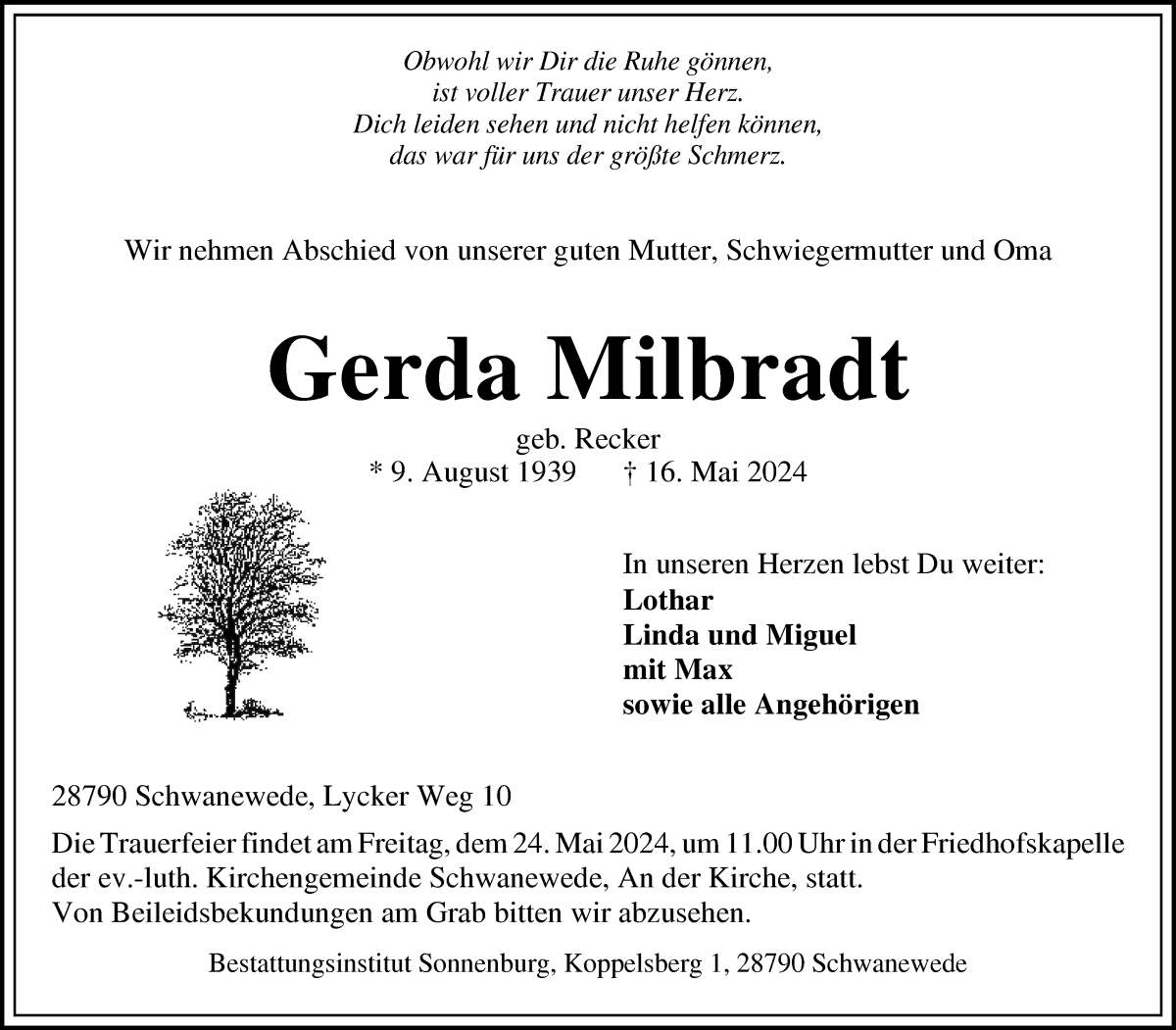 Traueranzeige von Gerda Milbradt von Die Norddeutsche