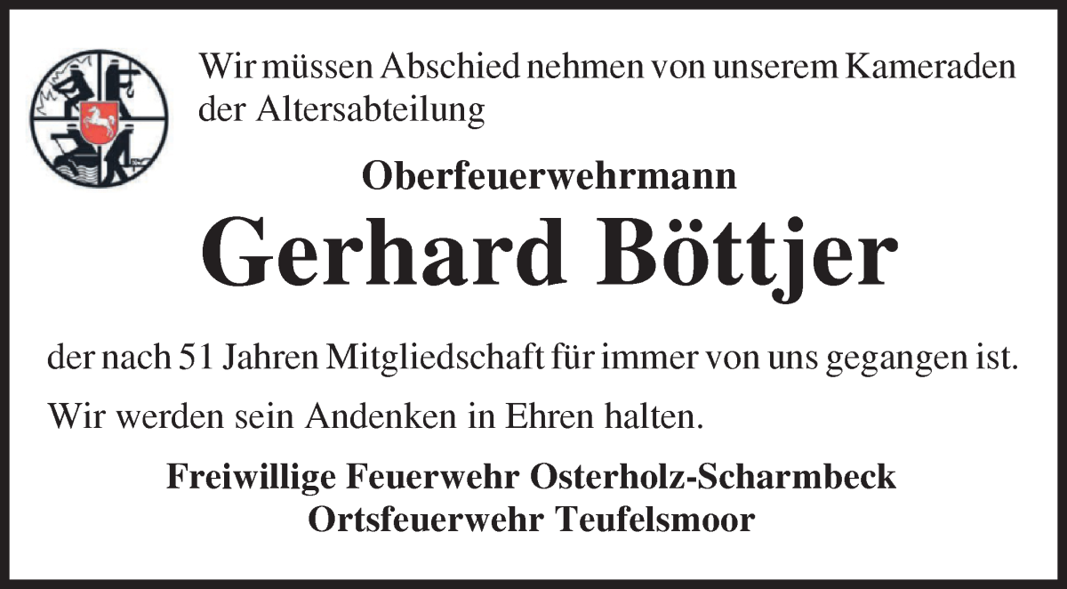  Traueranzeige für Gerhard Böttjer vom 22.05.2024 aus Osterholzer Kreisblatt