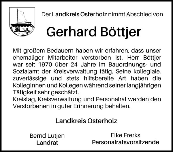 Traueranzeige von Gerhard Böttjer von Osterholzer Kreisblatt