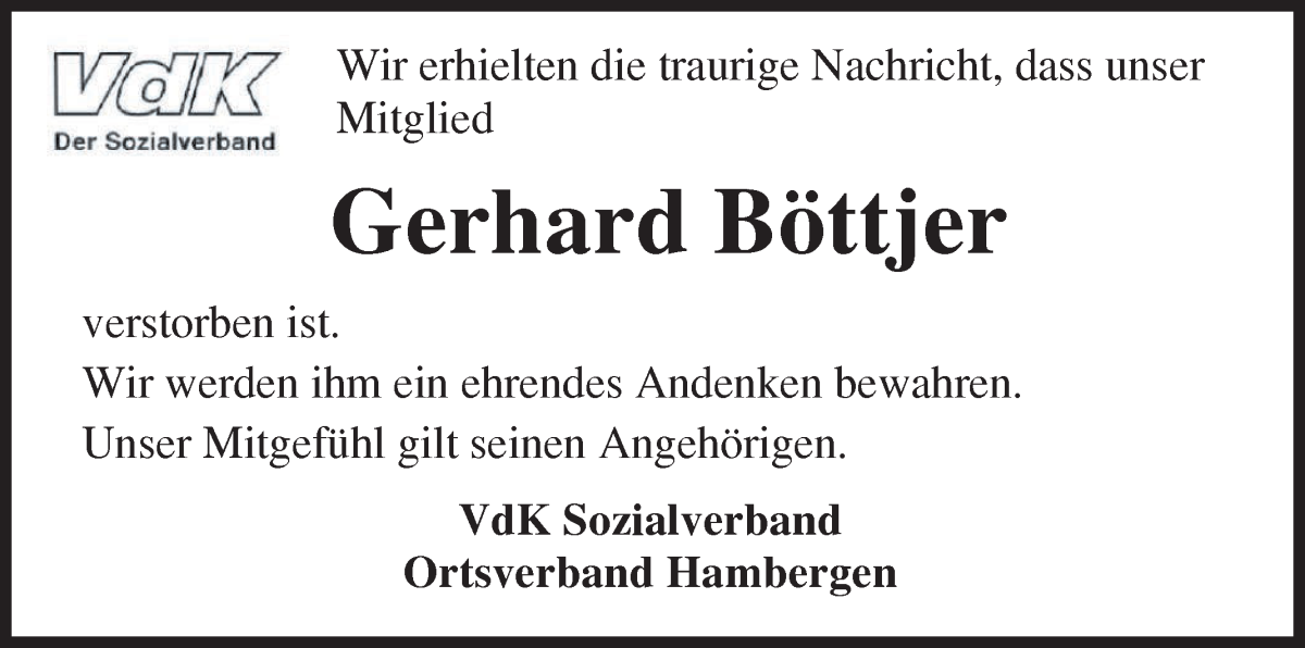  Traueranzeige für Gerhard Böttjer vom 23.05.2024 aus Osterholzer Kreisblatt