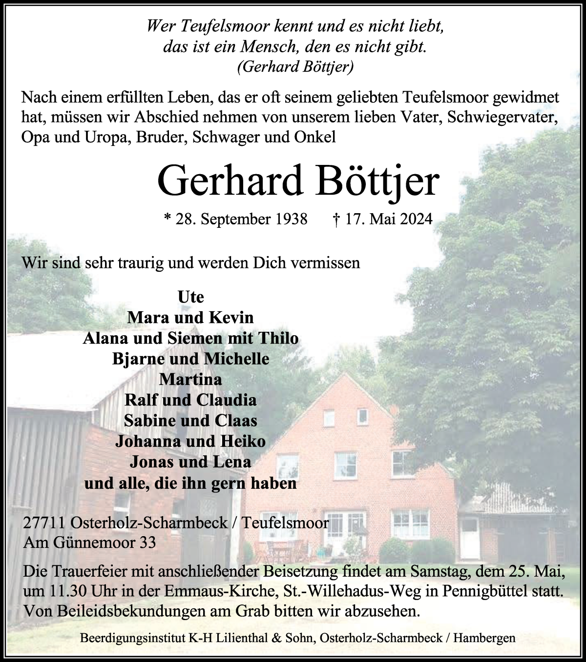  Traueranzeige für Gerhard Böttjer vom 22.05.2024 aus Osterholzer Kreisblatt