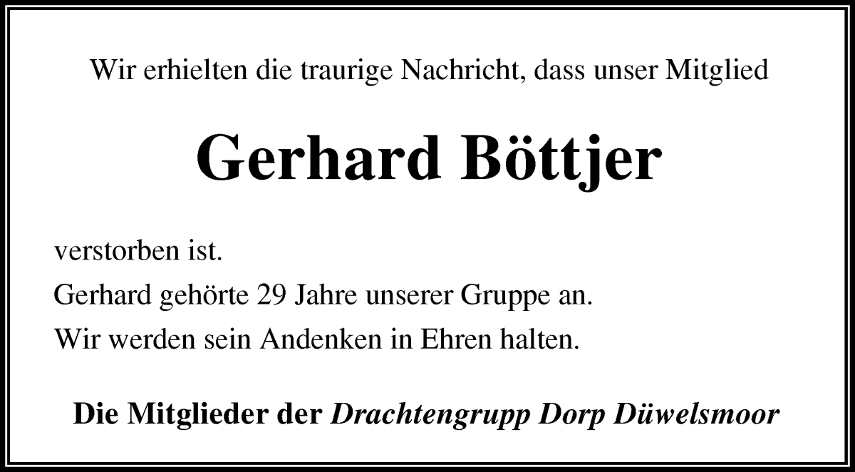  Traueranzeige für Gerhard Böttjer vom 23.05.2024 aus Osterholzer Kreisblatt