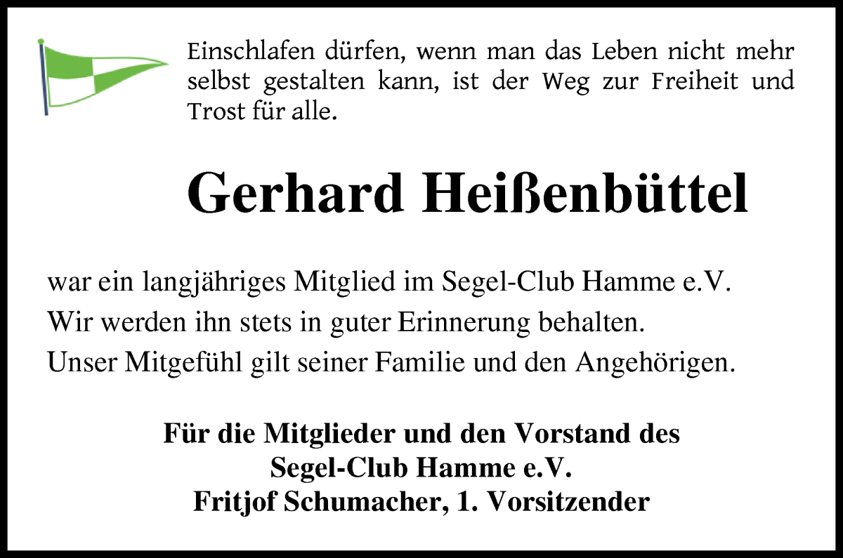 Traueranzeige von Gerhard Heißenbüttel von Osterholzer Kreisblatt
