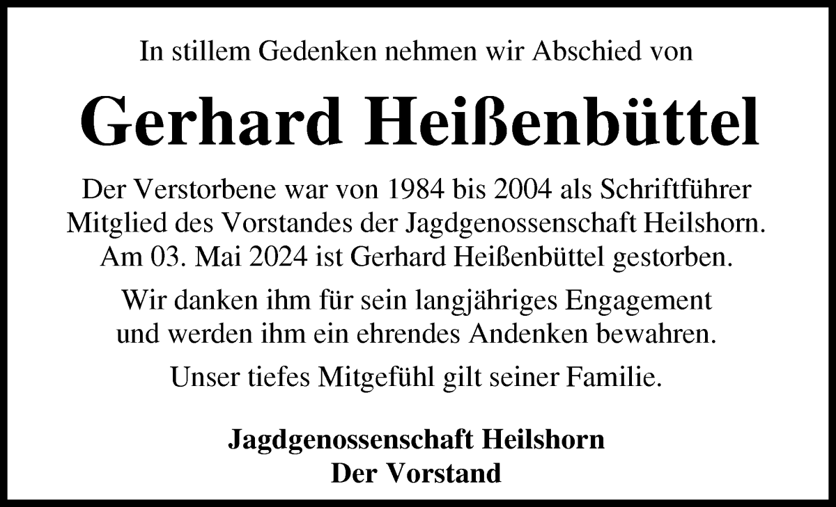  Traueranzeige für Gerhard Heißenbüttel vom 14.05.2024 aus Osterholzer Kreisblatt