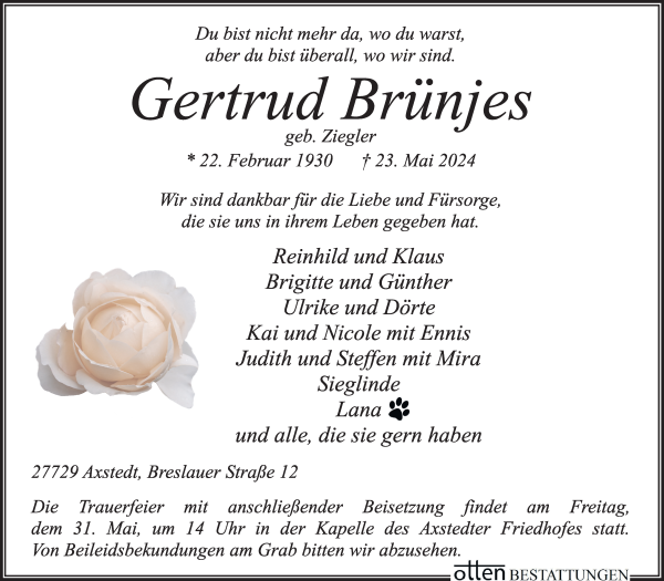 Traueranzeige von Gertrud Brünjes von Osterholzer Kreisblatt