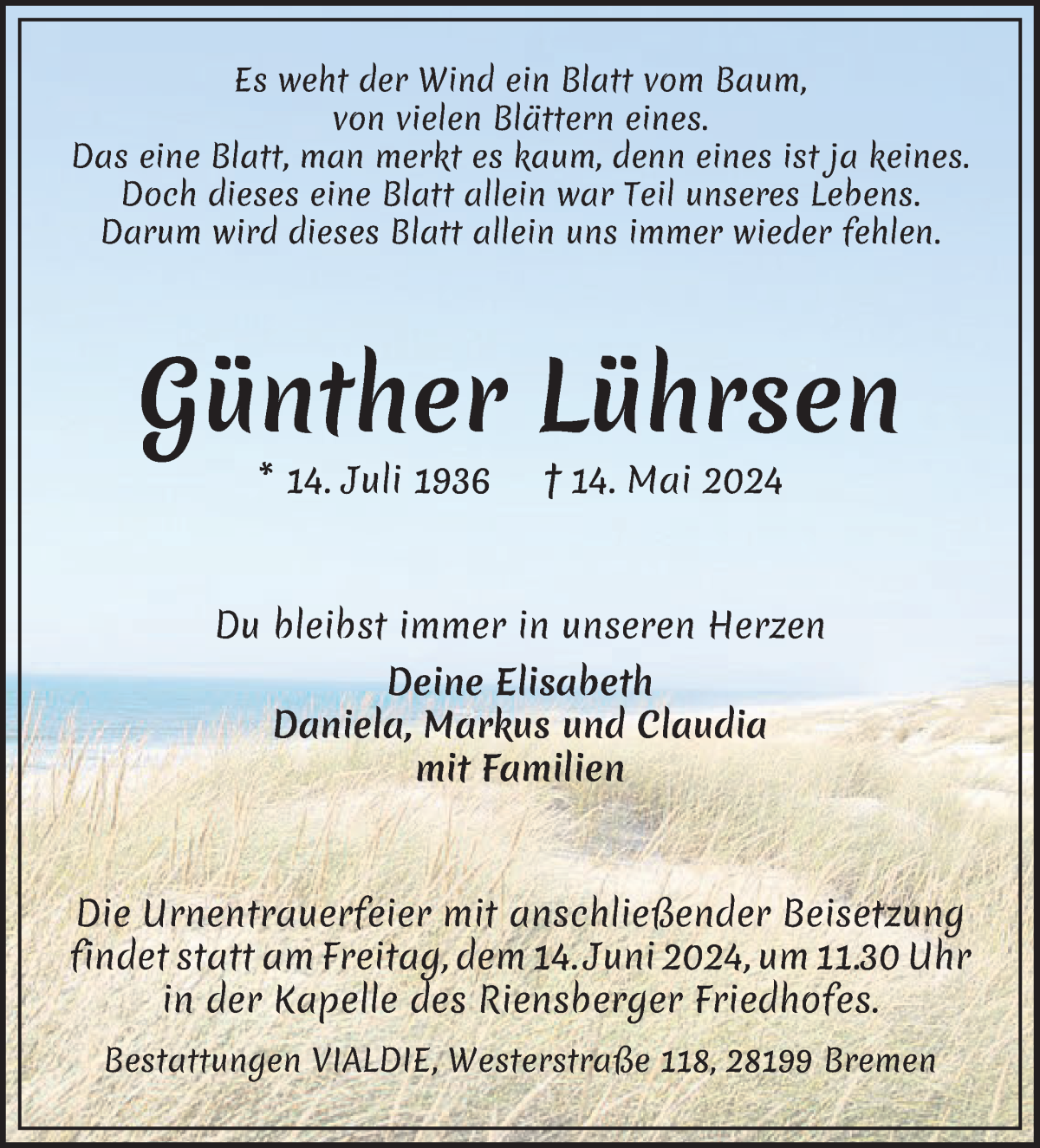 Traueranzeige von Günther Lührsen von WESER-KURIER