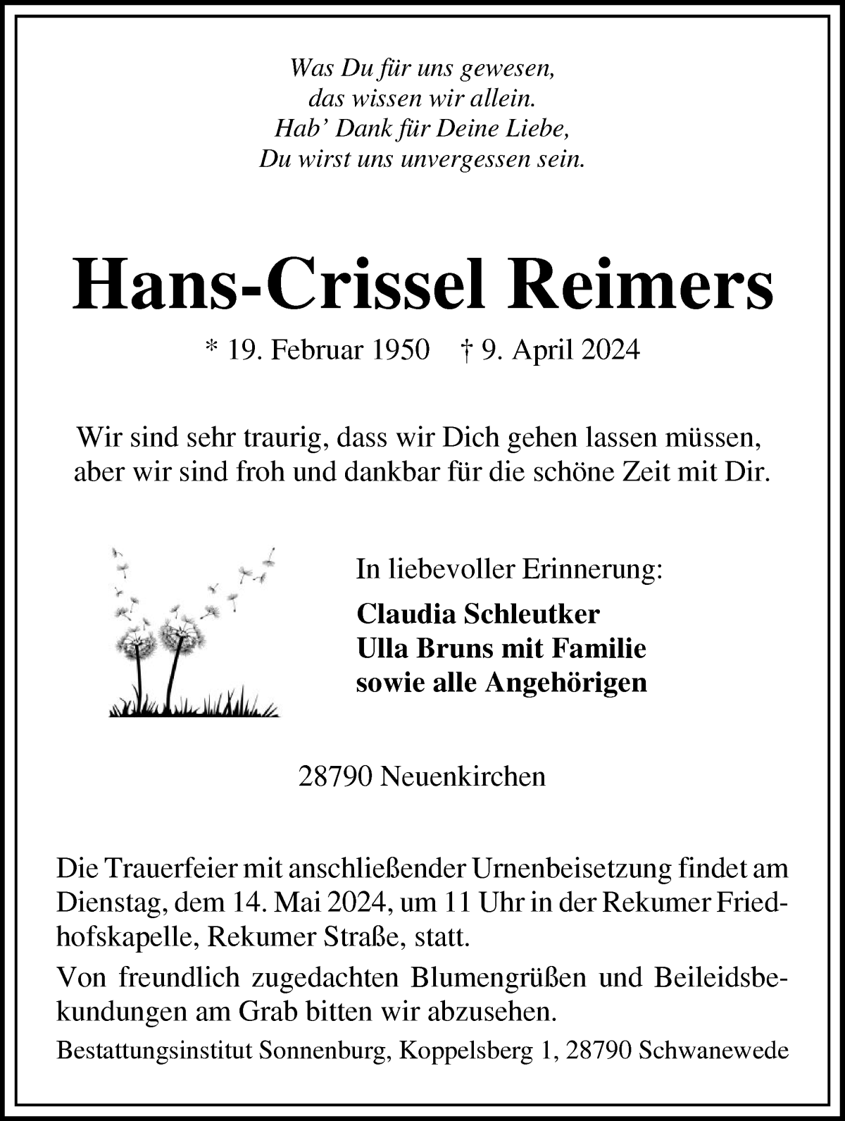 Traueranzeige von Hans-Crissel Reimers von Die Norddeutsche