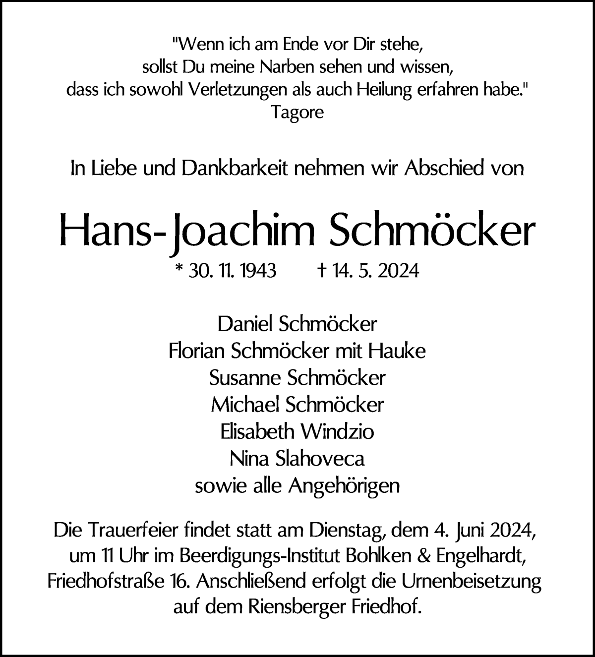 Traueranzeige von Hans-Joachim Schmöcker von WESER-KURIER
