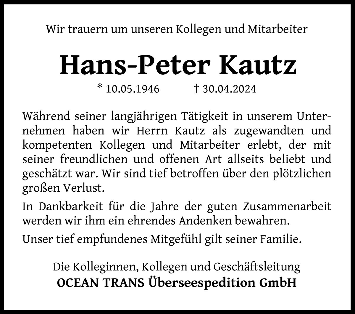 Traueranzeige von Hans-Peter Kautz von WESER-KURIER