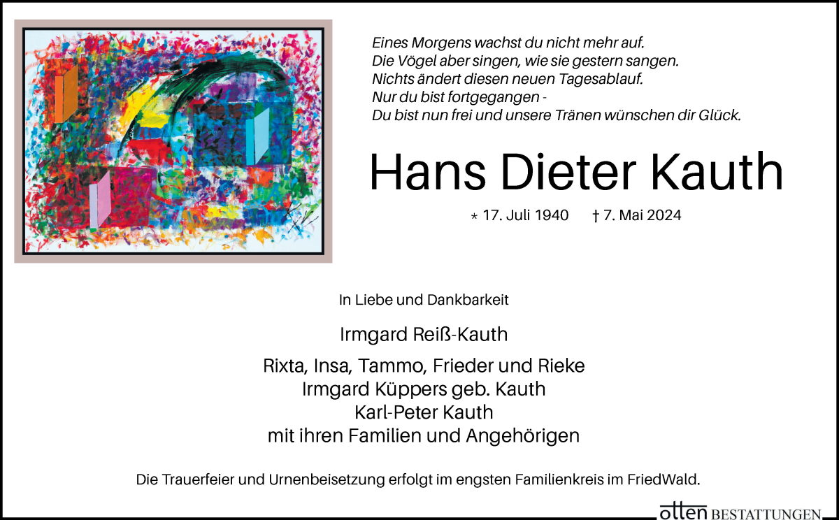Traueranzeige von Hans Dieter Kauth von Osterholzer Kreisblatt