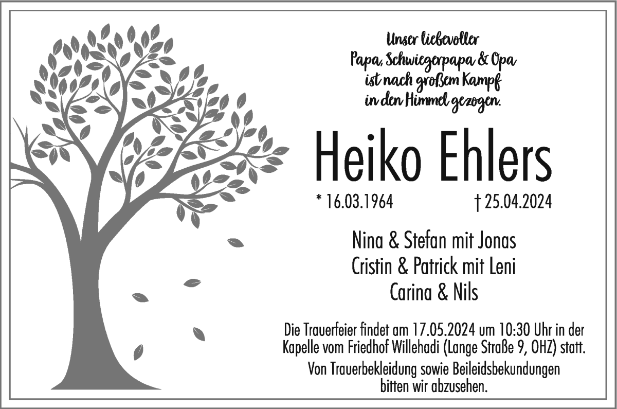  Traueranzeige für Heiko Ehlers vom 11.05.2024 aus Osterholzer Kreisblatt