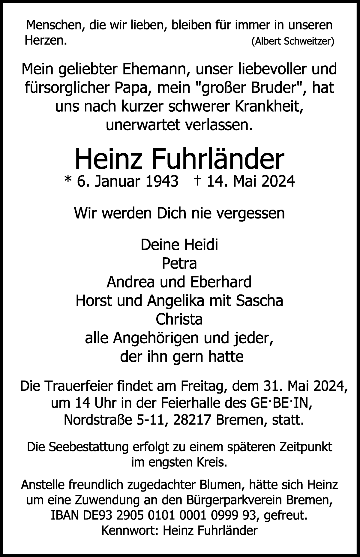 Traueranzeige von Heinz Fuhrländer von WESER-KURIER