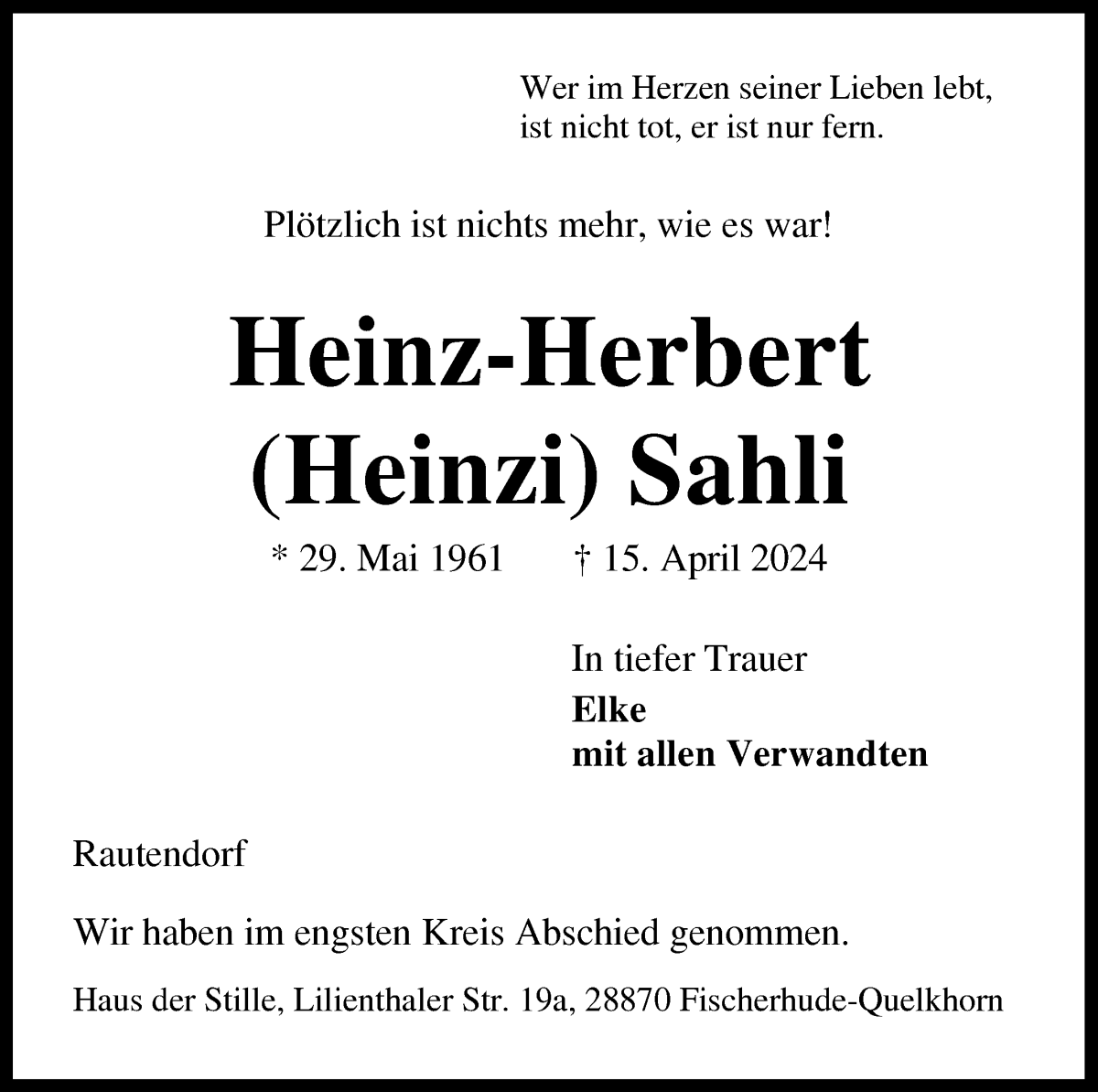 Traueranzeige von Heinz-Herbert Sahli von Wuemme Zeitung