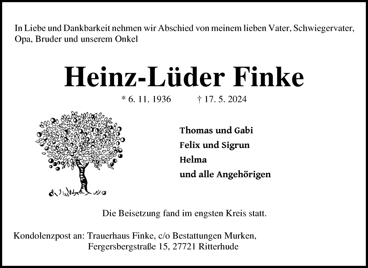 Traueranzeige von Heinz-Lüder Finke von Osterholzer Kreisblatt