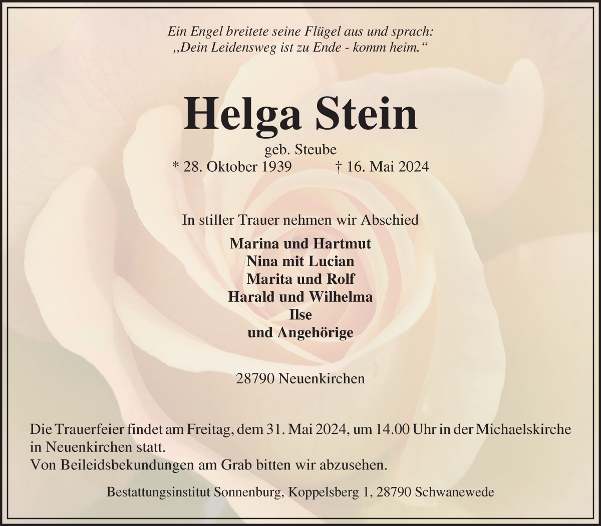 Traueranzeige von Helga Stein von Die Norddeutsche