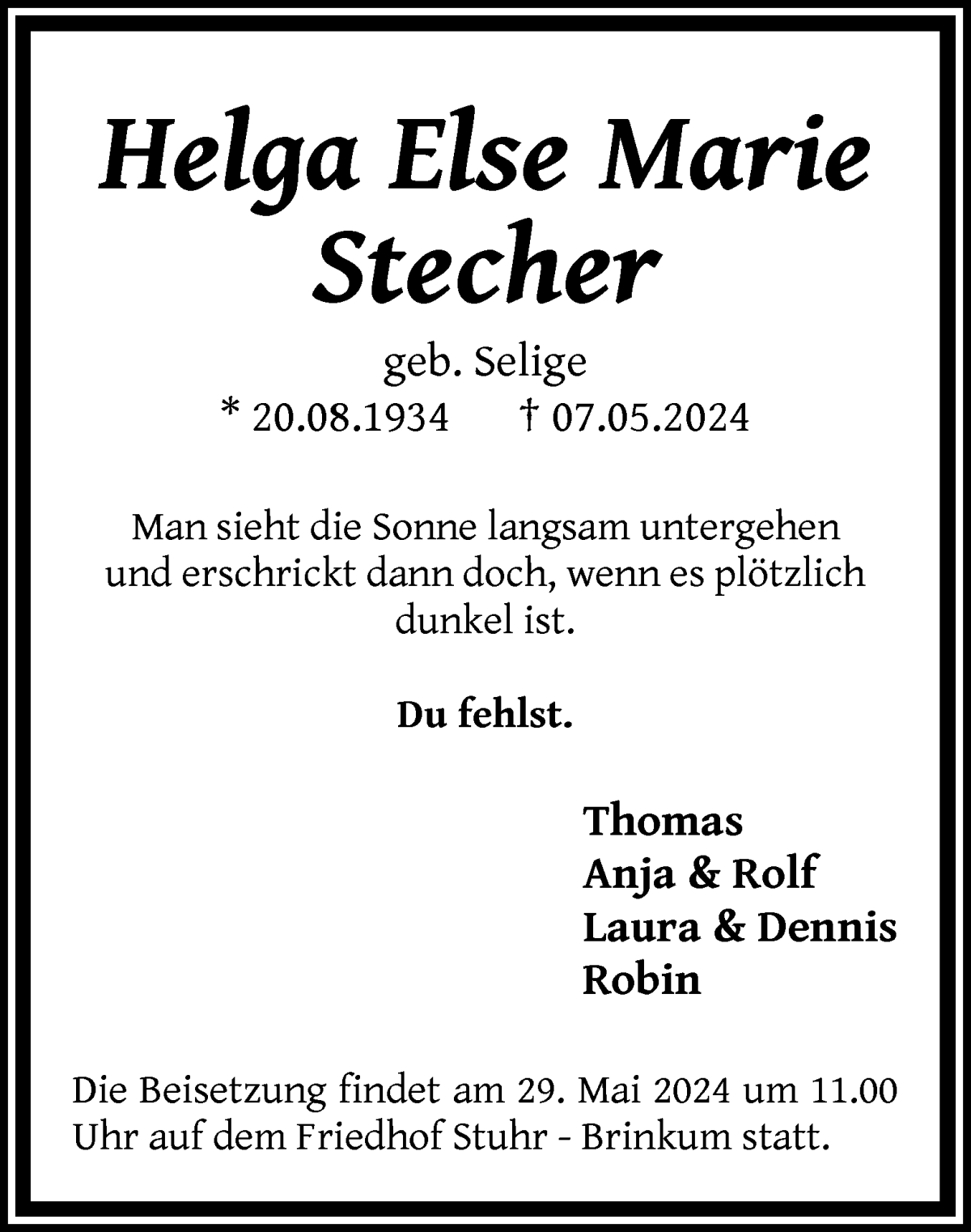Traueranzeige von Helga Else Marie Stecher von WESER-KURIER