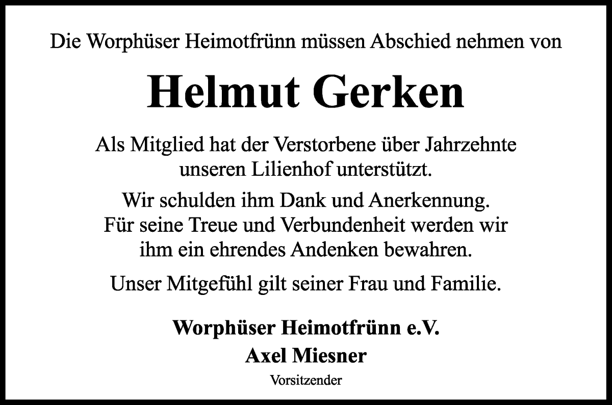 Traueranzeige von Helmut Gerken von Wuemme Zeitung