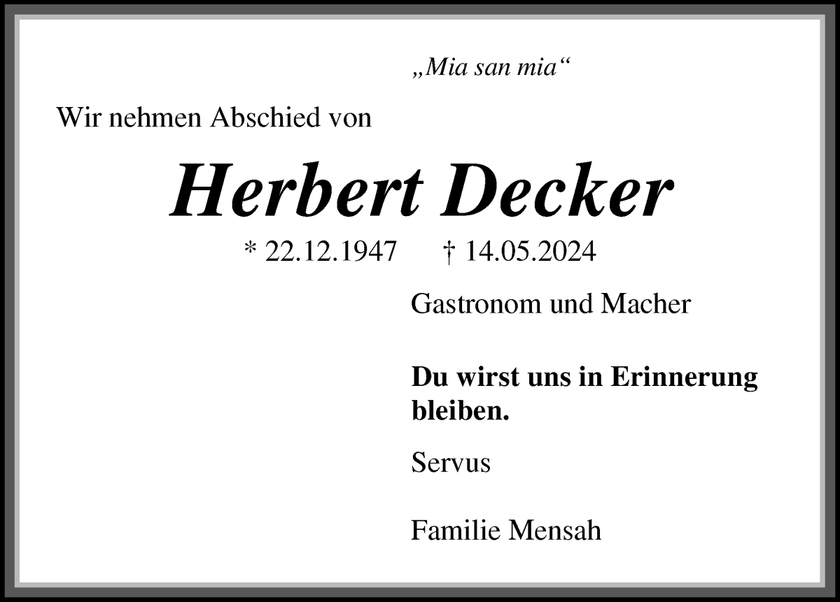  Traueranzeige für Herbert Decker vom 25.05.2024 aus WESER-KURIER