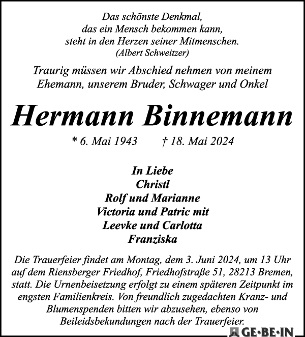 Traueranzeige von Hermann Binnemann von WESER-KURIER