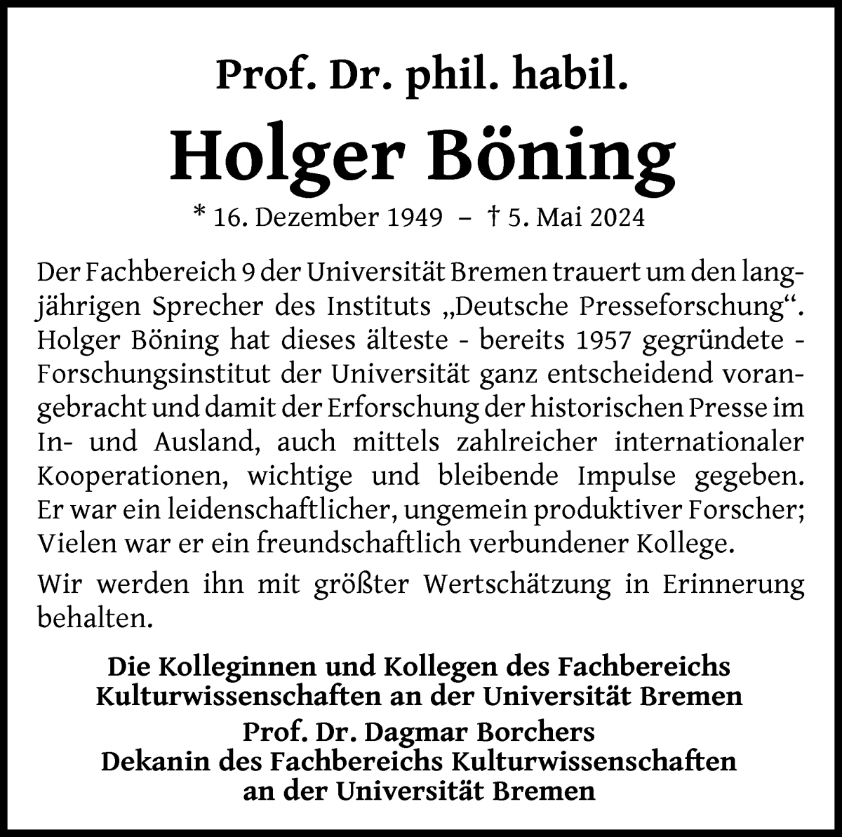 Traueranzeige von Holger Böning von WESER-KURIER