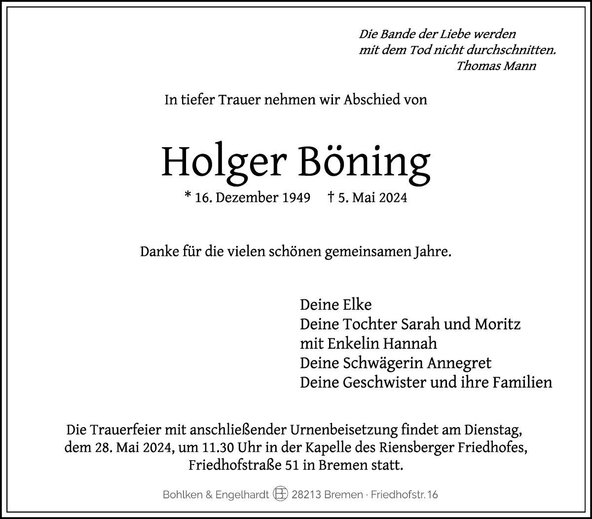 Traueranzeige von Holger Böning von WESER-KURIER