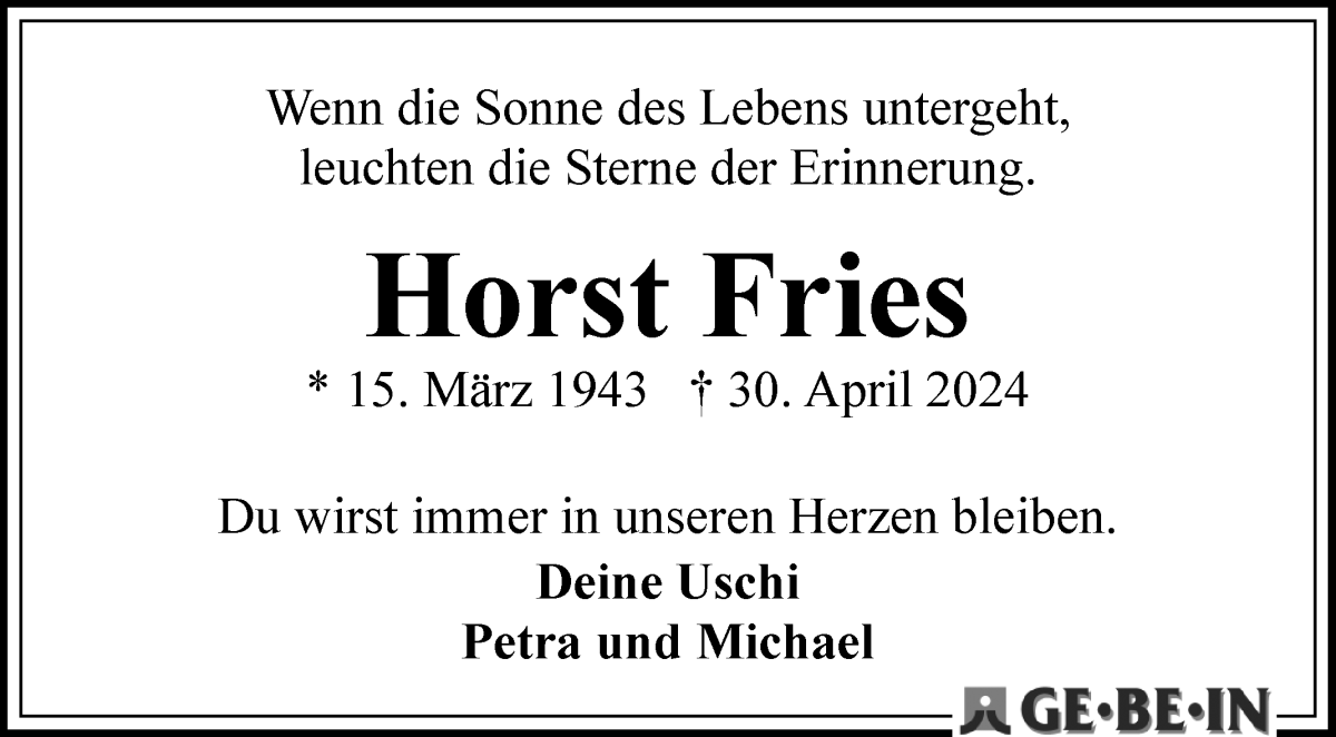  Traueranzeige für Horst Fries vom 11.05.2024 aus WESER-KURIER