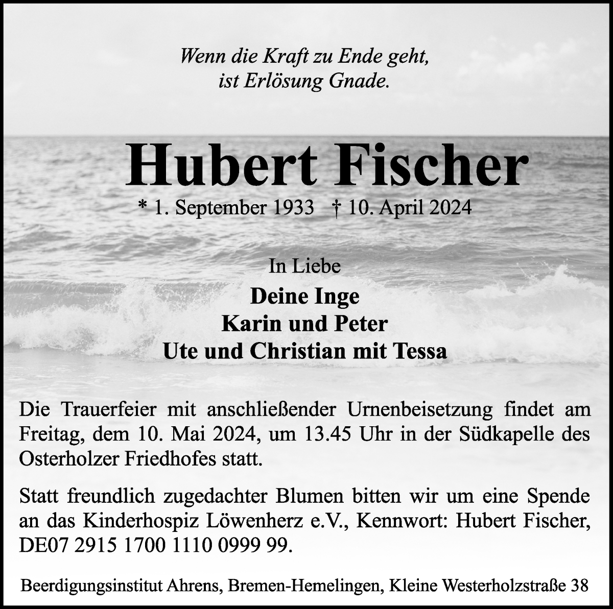 Traueranzeige von Hubert Fischer von WESER-KURIER